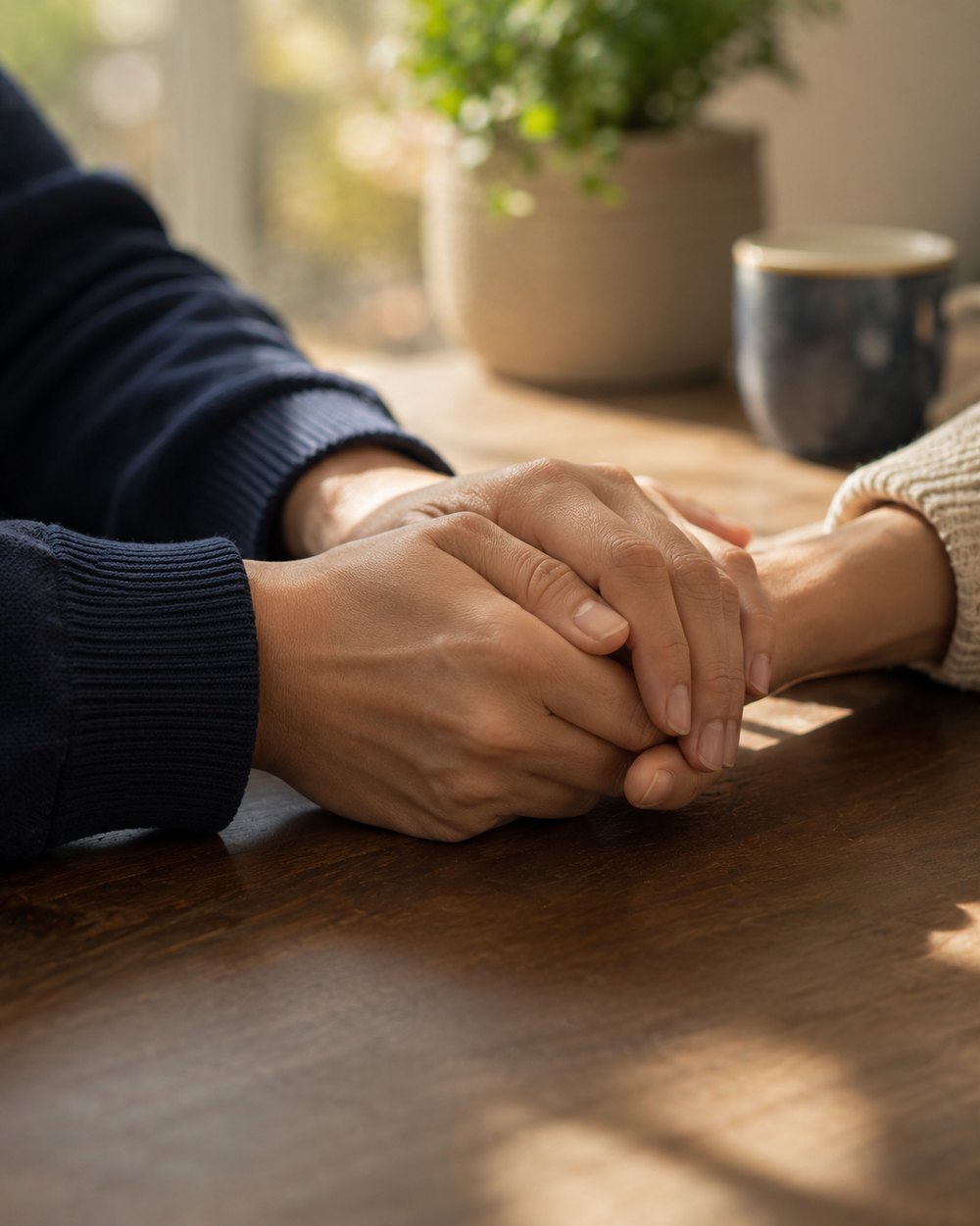 Two people holding hands in a gesture of support
