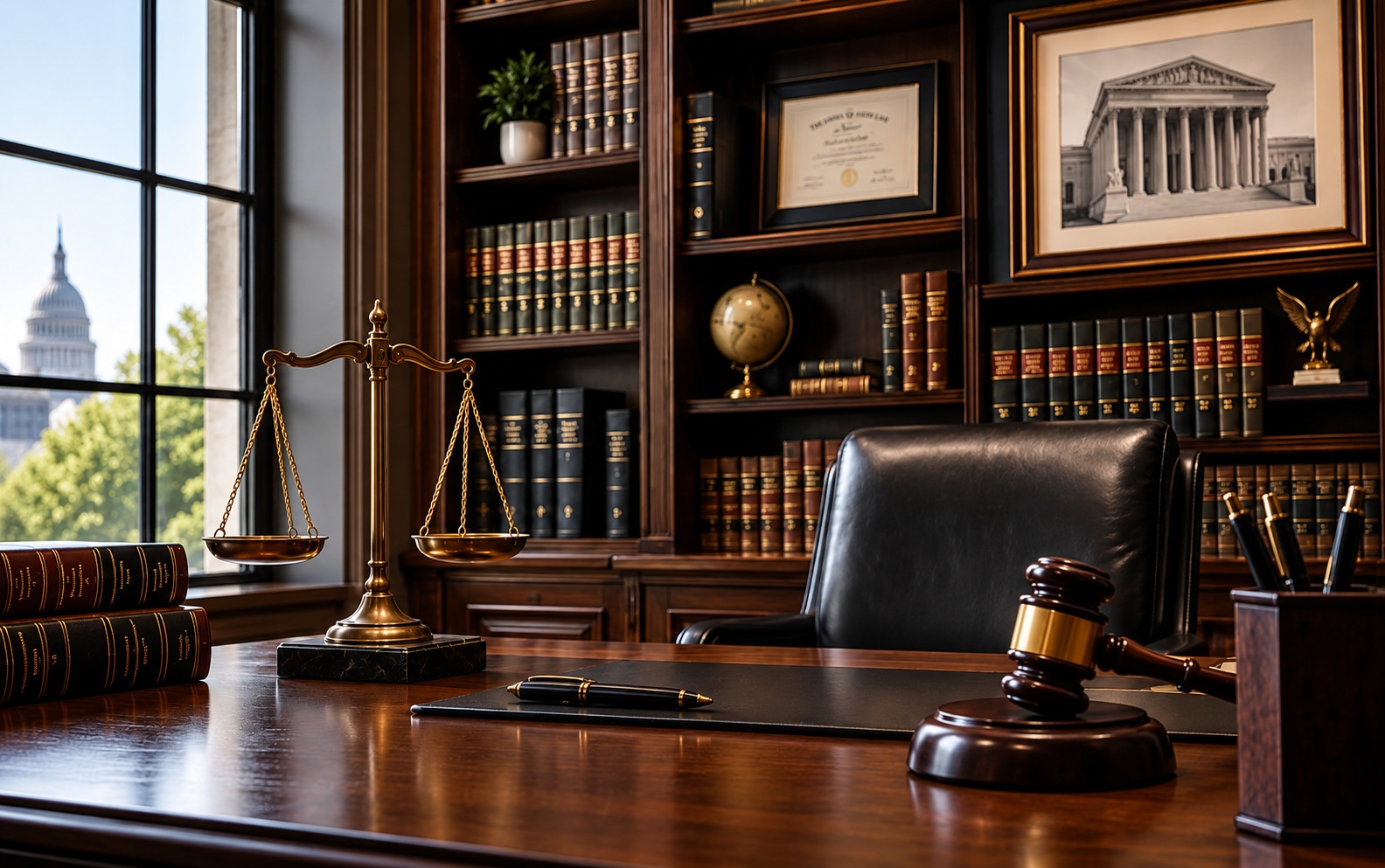 Attorney's office with scales of justice, law books, and the Capitol beyond the window