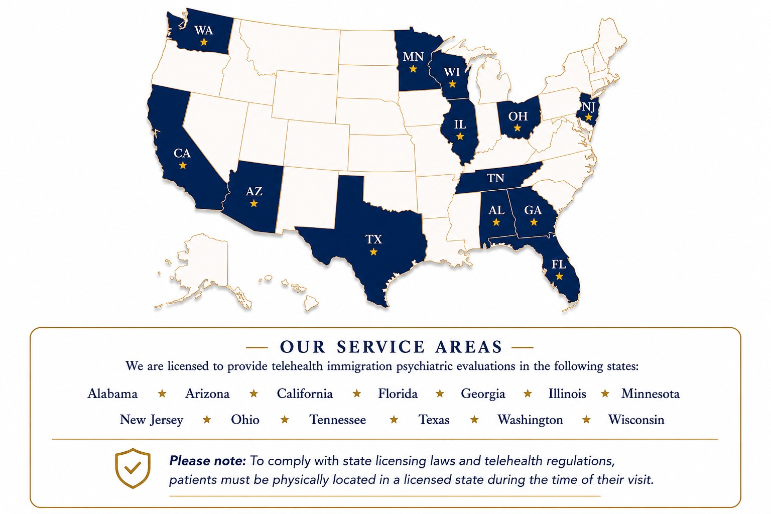 Map of states served: Georgia, Texas, Alabama, California, Florida, Arizona, Illinois, Minnesota, New Jersey, Ohio, Tennessee, Washington, Wisconsin